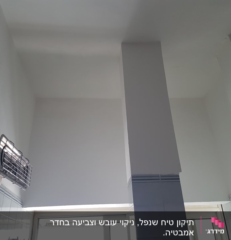 קירות ותקרה צבועים בלבן עם אריחים כחולים